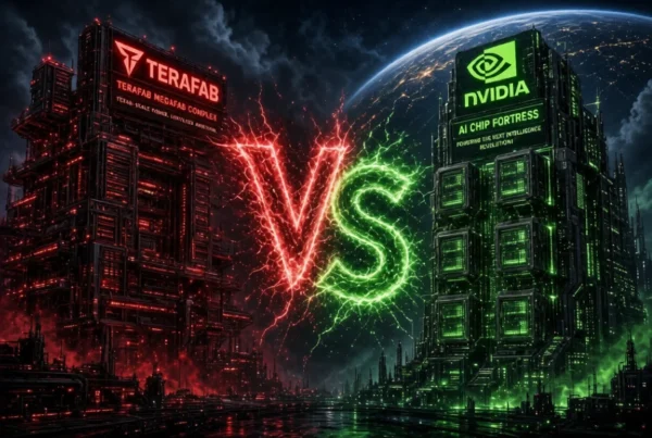 Massive red Terafab megafab complex facing a towering green Nvidia AI chip fortress with electric VS clash under a starry Earth sky
