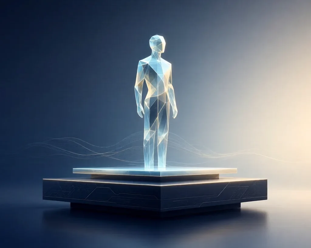 2nd Tier Human:Glowing geometric human figure standing on a luminous two-tier digital platform against a gradient blue background