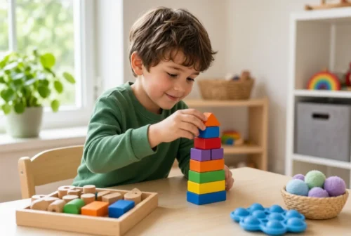 Young child with ADHD concentrated on building a colorful block tower