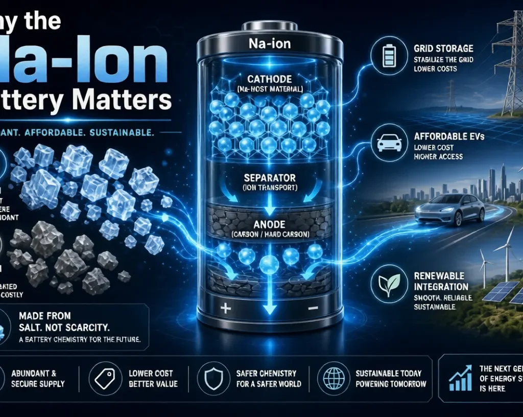 Detailed The Na Ion  battery diagram showing abundant sodium vs scarce lithium, grid storage, EVs and renewables