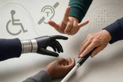 Hands of different abilities connecting – prosthetic, sign language, and white cane