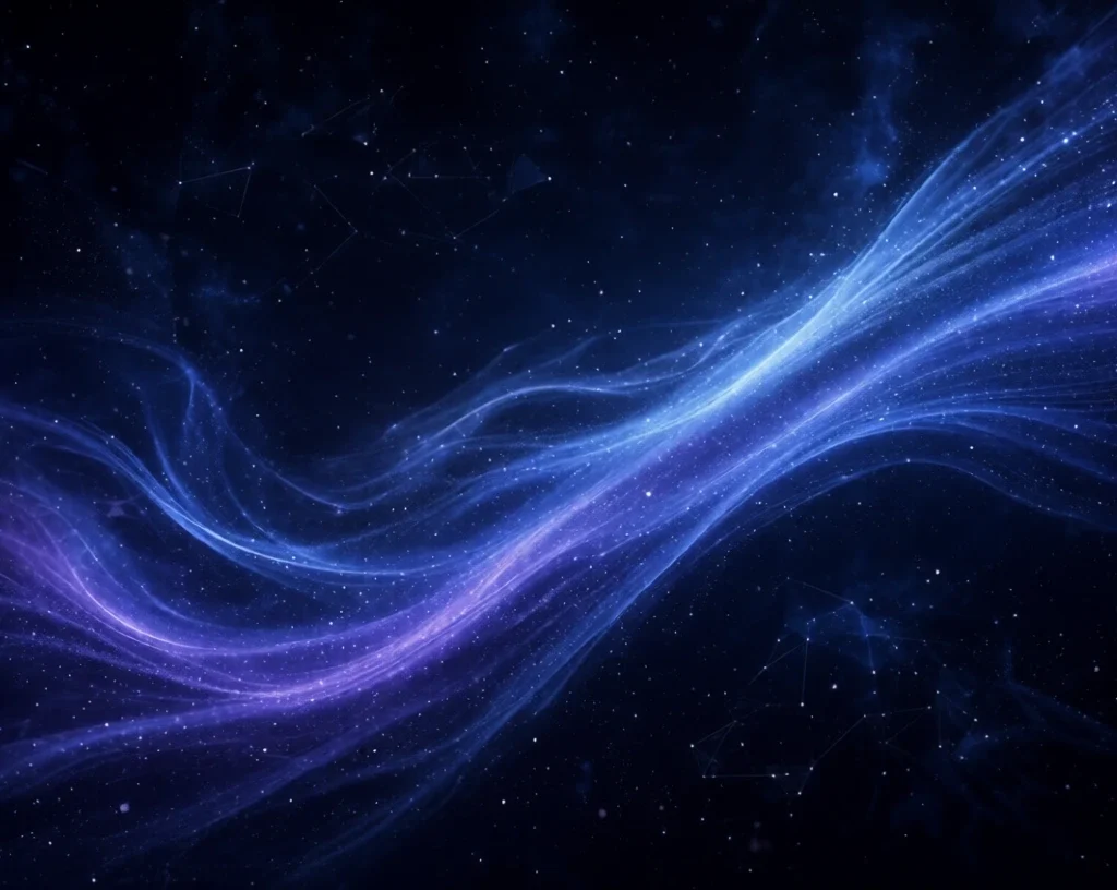 Ethereal blue and purple ghost neutrino particle trails flowing through deep space