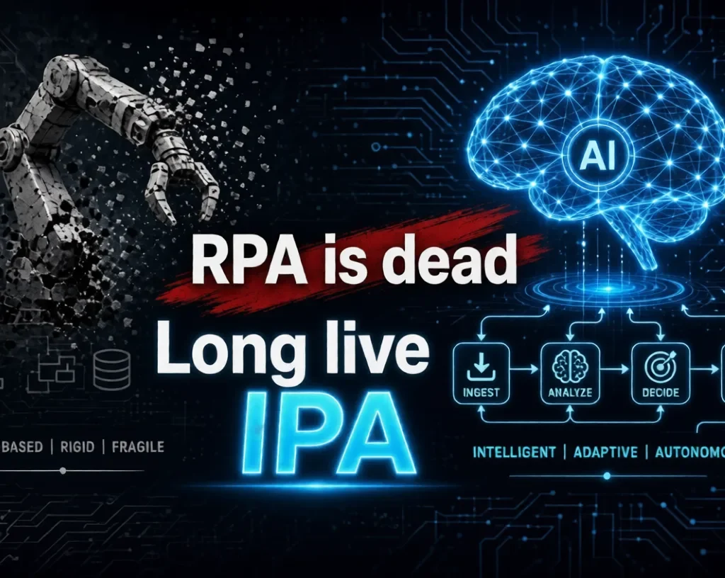 Dissolving robotic arm next to glowing AI brain with text “RPA is dead, Long live IPA”