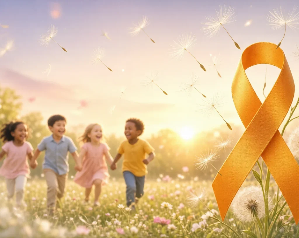 Childhood Cancer:Diverse children running happily in a sunny flower field with a large gold childhood cancer awareness ribbon