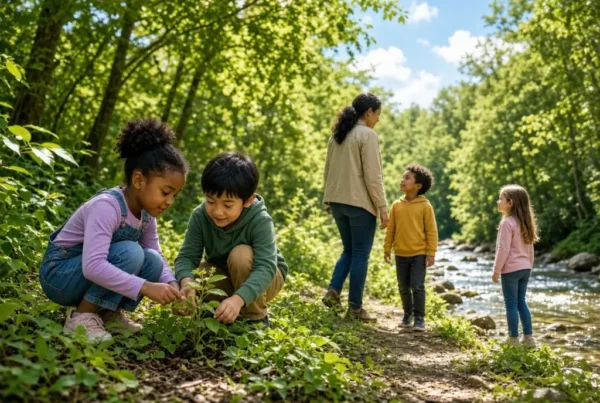 Children exploring plants and nature trail near a stream
