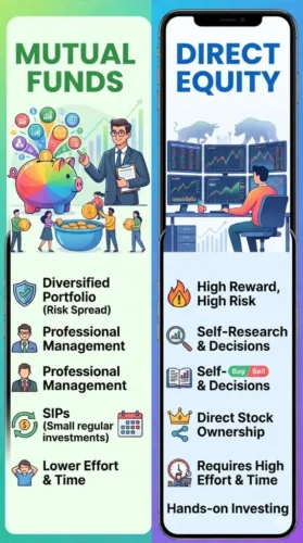 Mobile infographic comparing Mutual Funds vs. Direct Equity features, showing a professional fund manager, pooled savings, and benefits like diversification and SIPs.