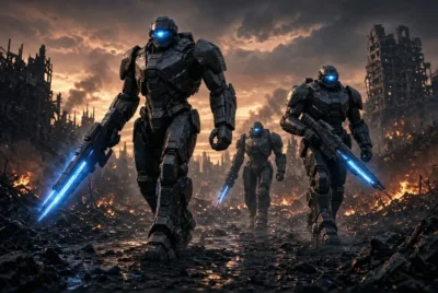 Robots in war:Three heavily armored humanoid robots with glowing blue eyes and energy rifles advancing through a burning, destroyed city at dusk