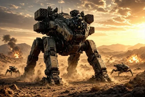 Massive four-legged war robot with missile pods standing in a dusty desert battlefield at sunset, flanked by smaller combat drones
