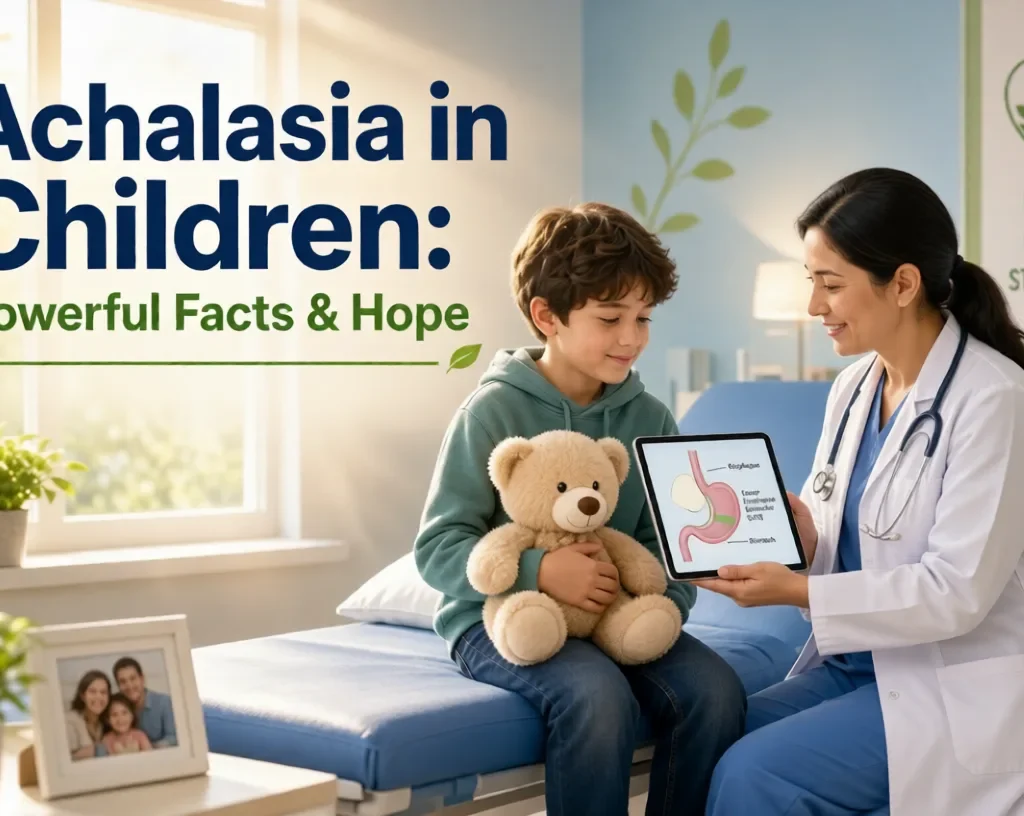 Achalasia in Children: Young child with doctor viewing esophagus diagram on tablet in pediatric clinic