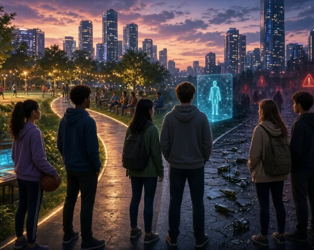 Alcohol & Youth:Teens at a glowing crossroads in a 2026 city, healthy path vs alcohol-littered danger path