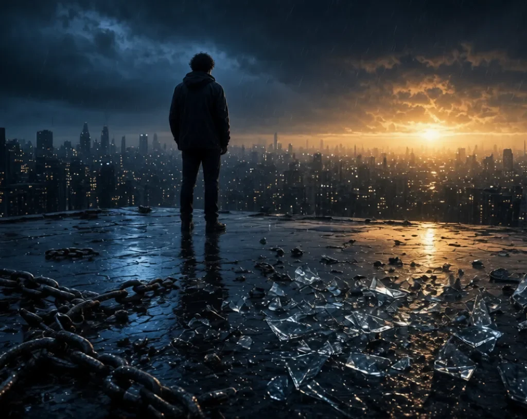 Addiction:Person standing on a rainy rooftop overlooking a city at dusk, surrounded by broken chains and shattered glass, looking toward a bright sunrise on the horizon