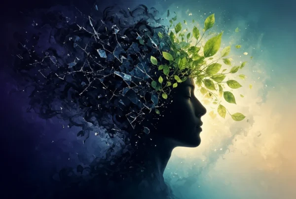 Side profile silhouette of a person whose head transitions from dark swirling shattered glass and smoke into bright green leaves and light, representing healing from addiction