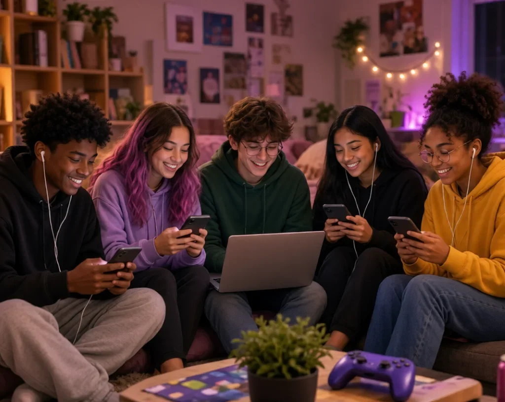 Why Teens Are on Discord:Diverse teens smiling and chatting on Discord together on phones and laptop