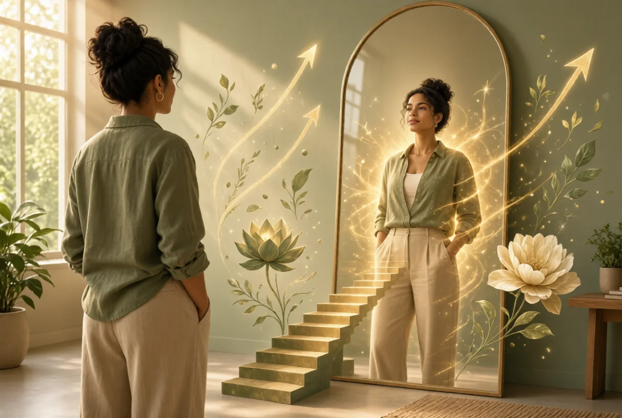 Woman looking at her glowing confident reflection in mirror with growth symbols
