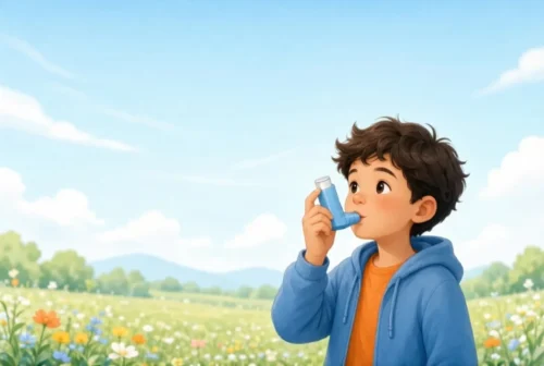 Child using asthma inhaler outdoors confidently