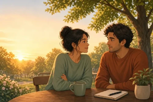 Couple talking peacefully outdoors at sunset with message about understanding