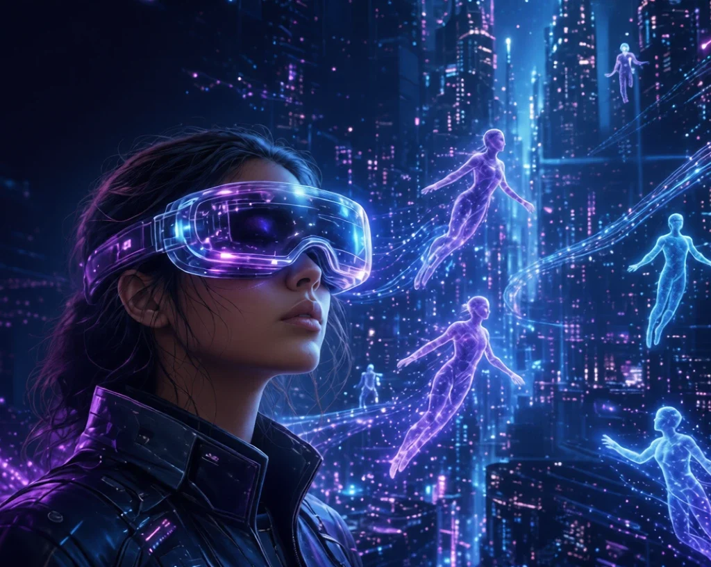 Virtual Reality Trends: Woman in advanced VR headset exploring floating digital avatars in a neon-lit metaverse city