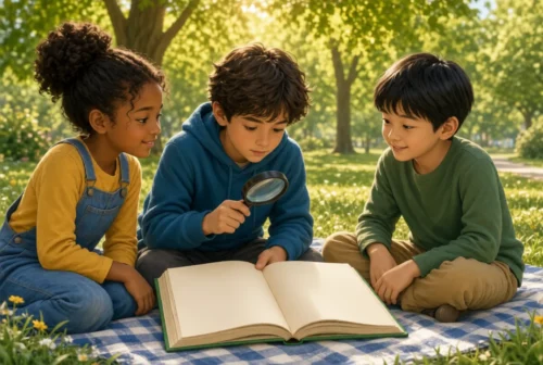 Diverse children exploring an insect book together outdoors, one using a magnifying glass