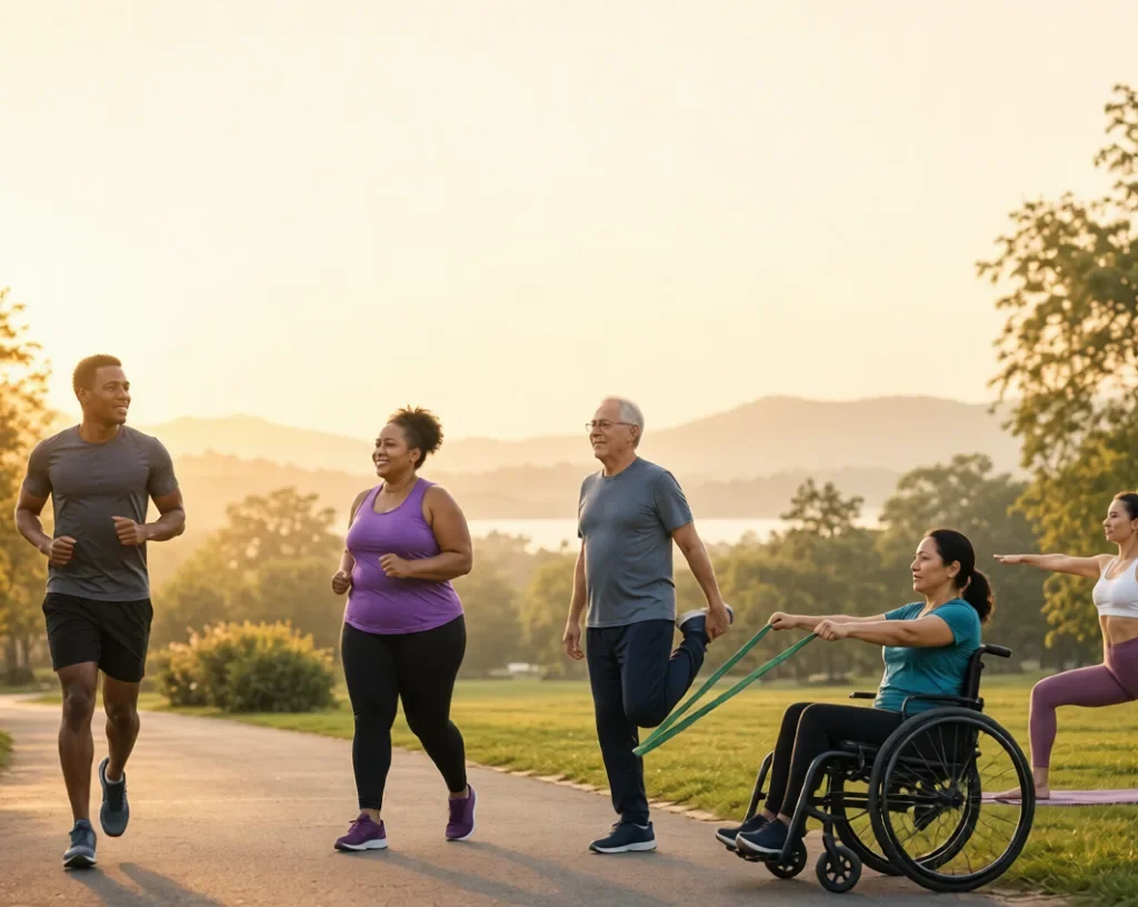 Fitness That Fits You:Diverse people of different ages and abilities exercising together in a sunny park