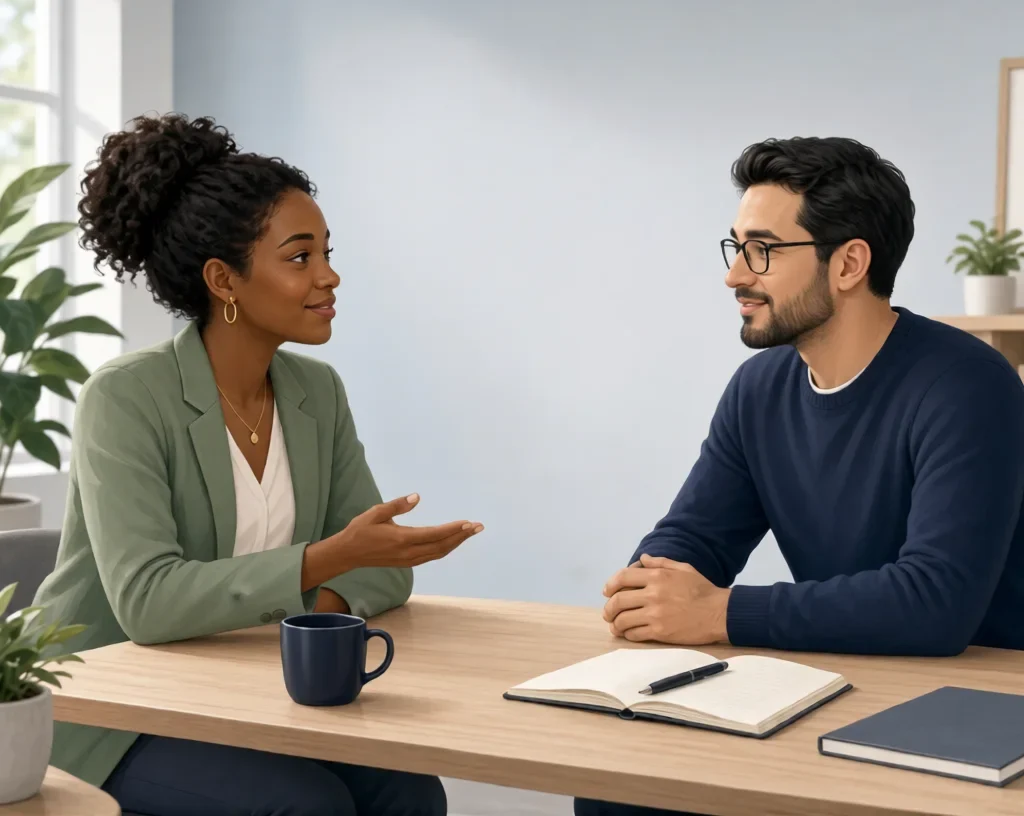 Two professionals calmly discussing and resolving  conflicts at a desk with communication icons