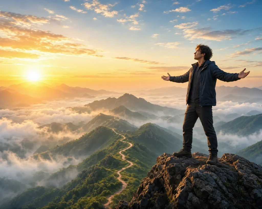 Personal Growth & ConfidenceConfident man standing with arms open on mountain peak at sunrise