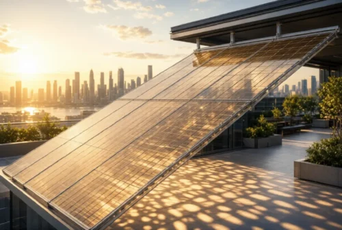 Perovskite solar panels on rooftop at golden sunset