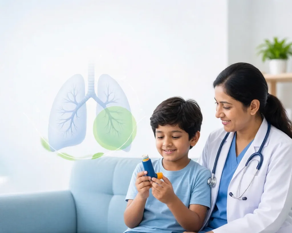 Child learning to use asthma inhaler with pediatrician