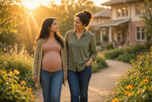Pregnant teenage girl walking with a caring adult woman on a sunny path