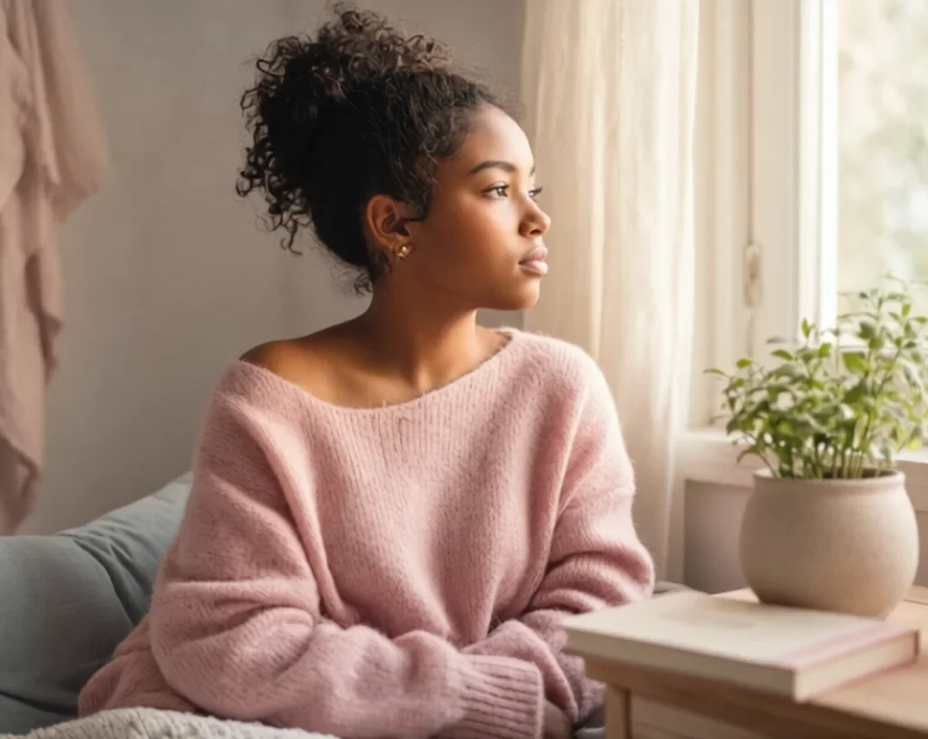 Teenage Pregnancy:Young teenage girl sitting by a window in soft light, looking thoughtfully outdoors