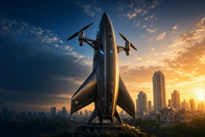 Airbound carbon-fiber tailsitter drone standing vertically against Bengaluru skyline .