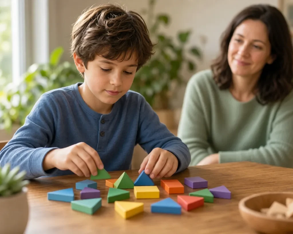 Young boy with Asperger Syndrome ,carefully arranging colorful geometric blocks while a supportive parent watches