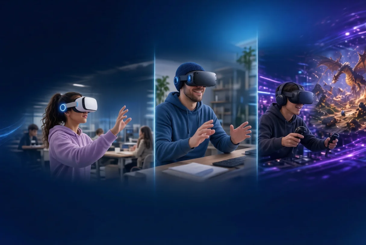 People using wireless VR headsets for education, remote work, and immersive gaming