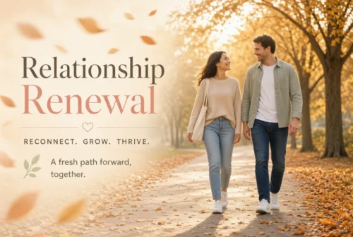 Smiling couple walking hand-in-hand on a golden autumn path