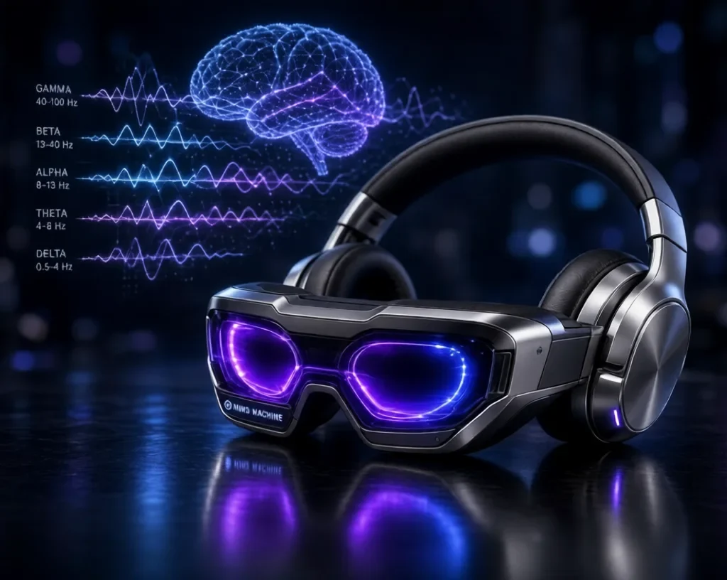 Futuristic Mind Machine headset with glowing purple lenses, headphones, and holographic brain
