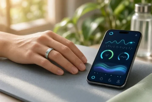 Hand wearing smart ring beside phone showing health dashboard