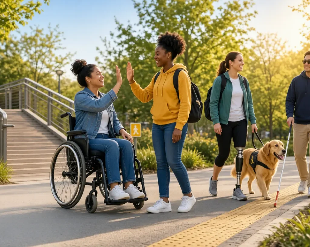 Diverse people with disability high-fiving and walking together on an accessible path