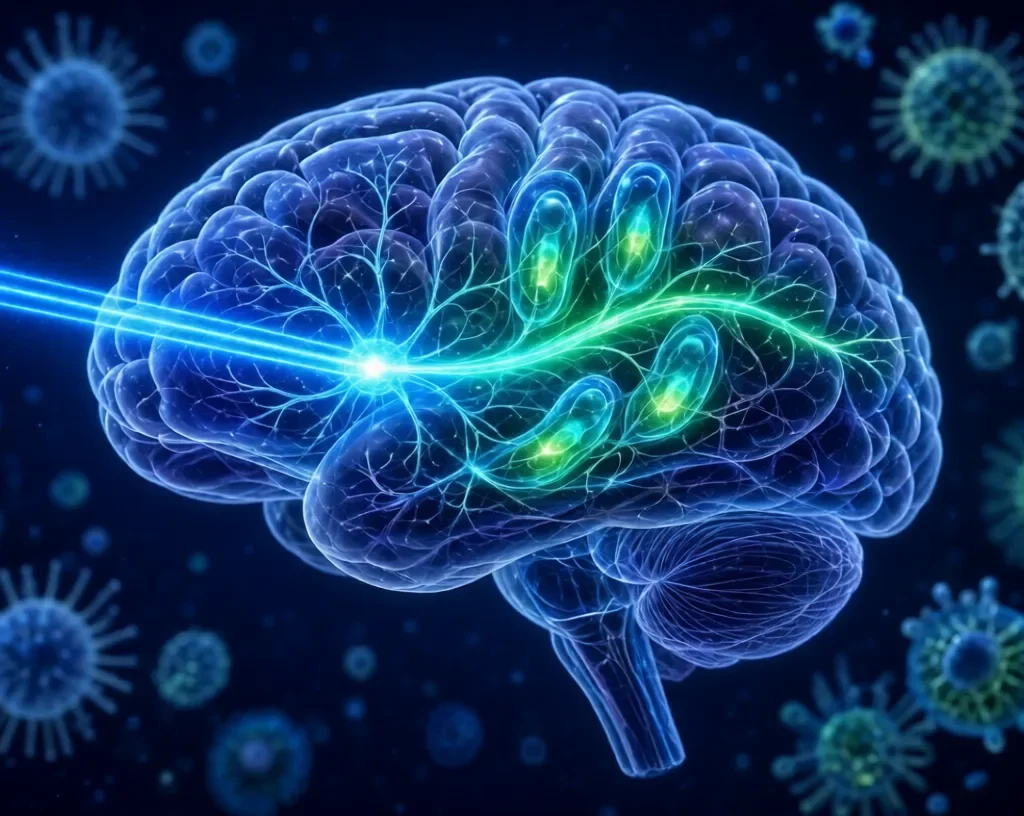 Glowing brain with blue laser activating neural circuits for optogenetics