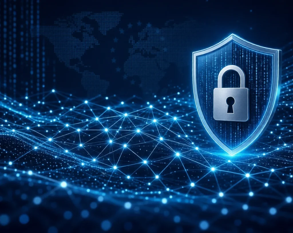 SovereignTech Digital Sovereignty:Glowing digital network with lock-shield over world map