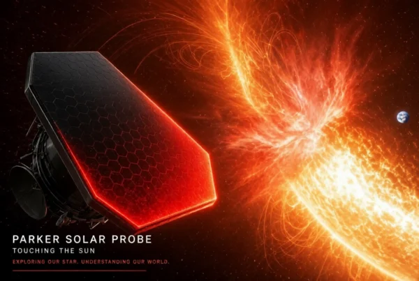 Glowing heat shield of Parker Solar Probe near solar eruption with Earth in background