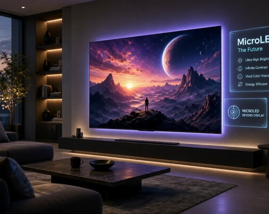 Futuristic MicroLED TV in modern living room displaying vibrant cosmic landscape