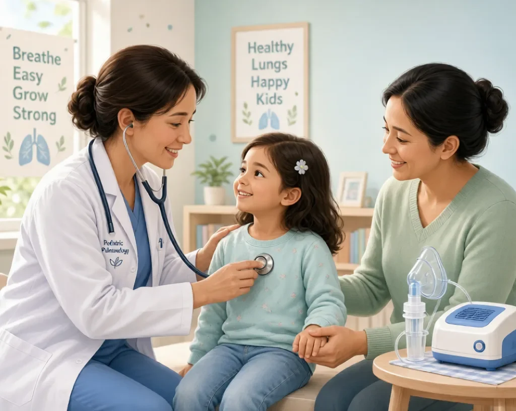Child And Respiratory :Pediatrician examining smiling child with mother nearby and nebulizerDiseases