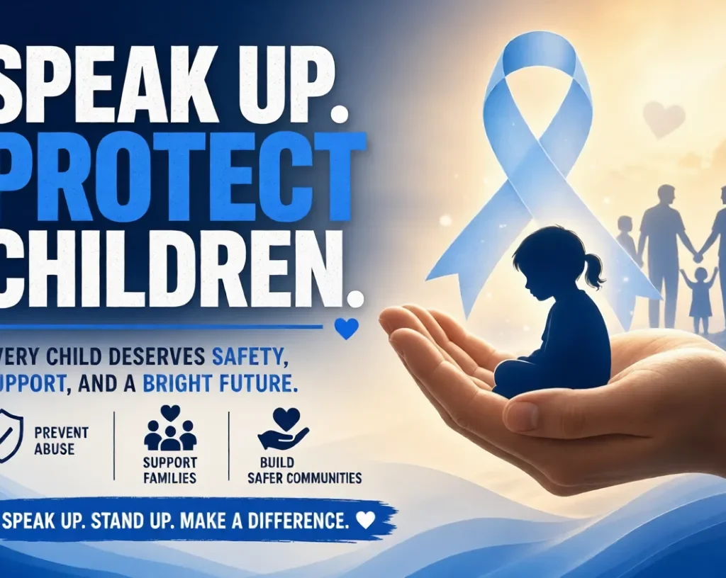 Child Abuse:Protective hand holding child silhouette with blue awareness ribbon and family support symbols