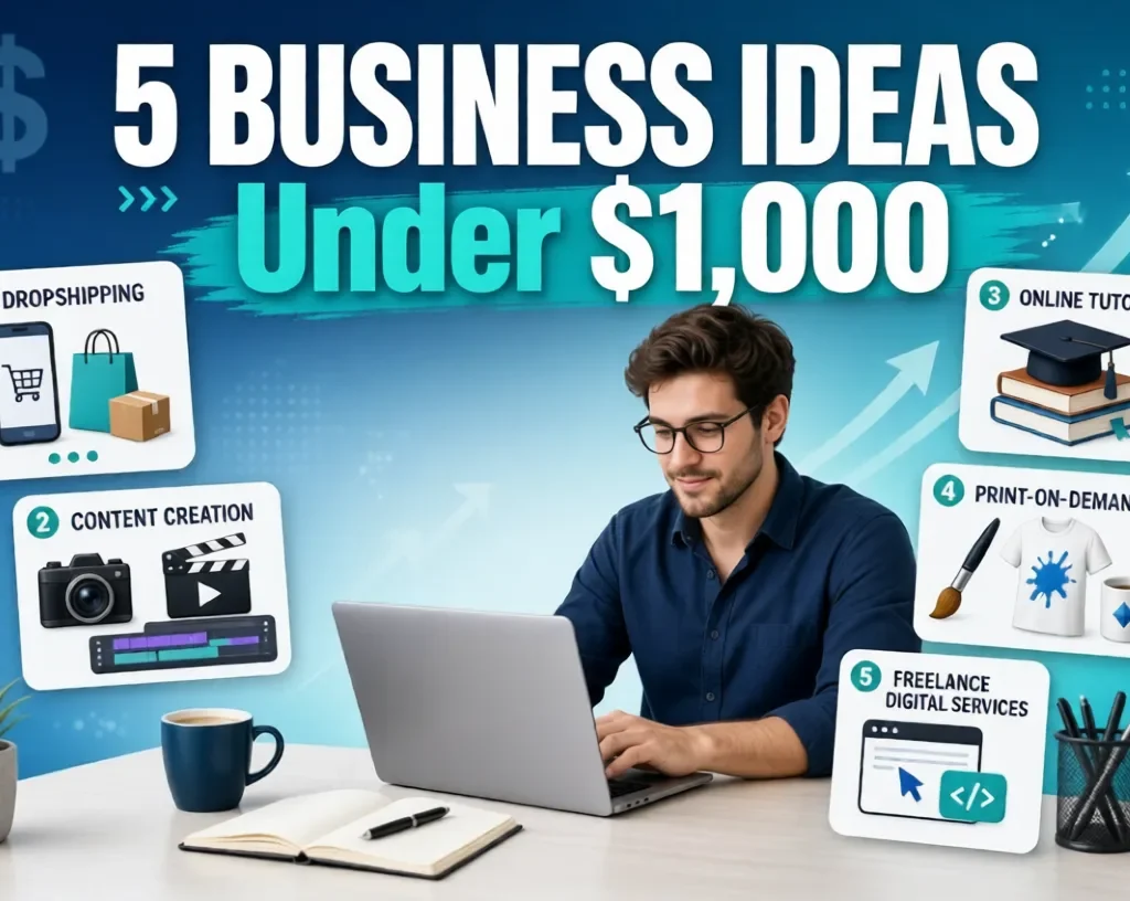 Young entrepreneur working on laptop with 5 business ideas under $1000 icons