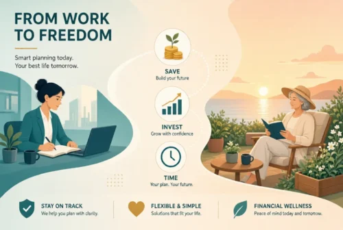 Illustration showing the journey from working life to relaxed retirement by the sea