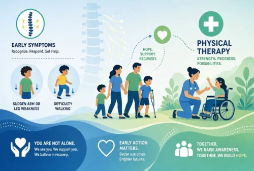 AFM early symptoms physical therapy recovery support illustration