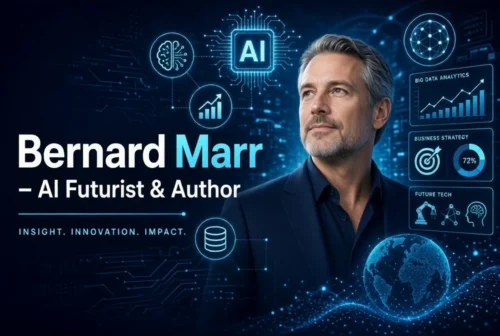 Bernard Marr looking ahead surrounded by AI, big data and strategy icons with text “AI Futurist & Author”