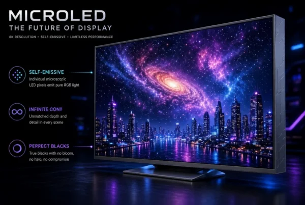 MicroLED TV displaying stunning galaxy and cityscape with key tech features