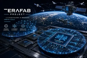 Futuristic Terafab Project visualization showing advanced AI inference chips on silicon wafers in the foreground with Earth, Starlink satellites, and orbital data centers glowing in the background.