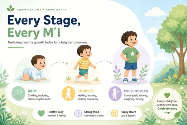Illustrated stages of child growth showing a baby crawling, a toddler walking, and a preschooler standing tall outdoors