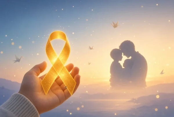 Hand holding a glowing gold childhood cancer ribbon with a family silhouette and origami cranes at sunset